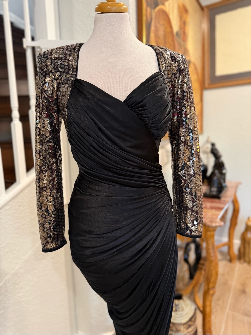 VTG USA Made Tadashi Shoji Black Ruched Dress with Gold Sequin Bolero